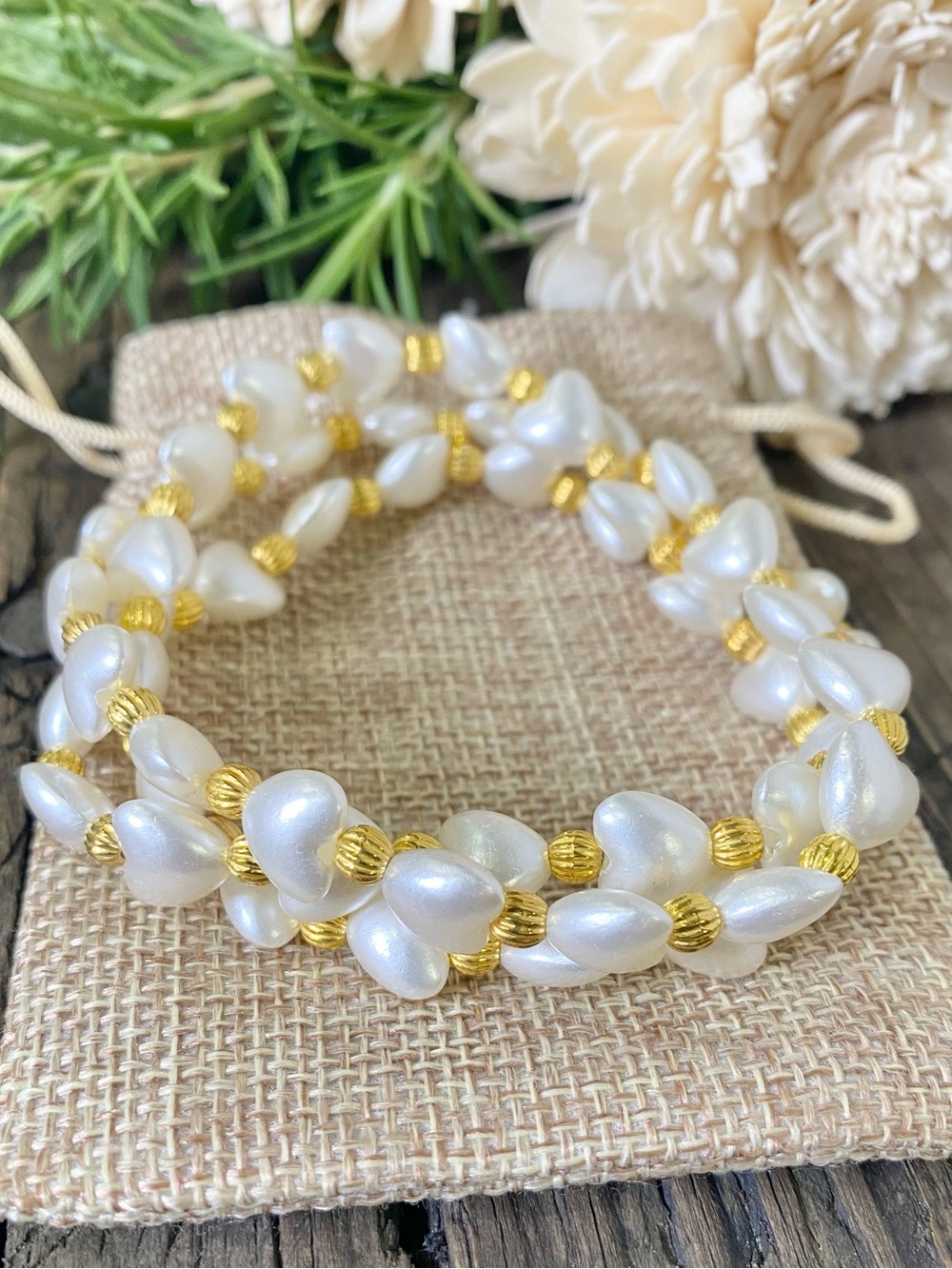 Gold and White Heart Bracelet Set, Stretch Bracelets, Stack, Stacked, Stacking
